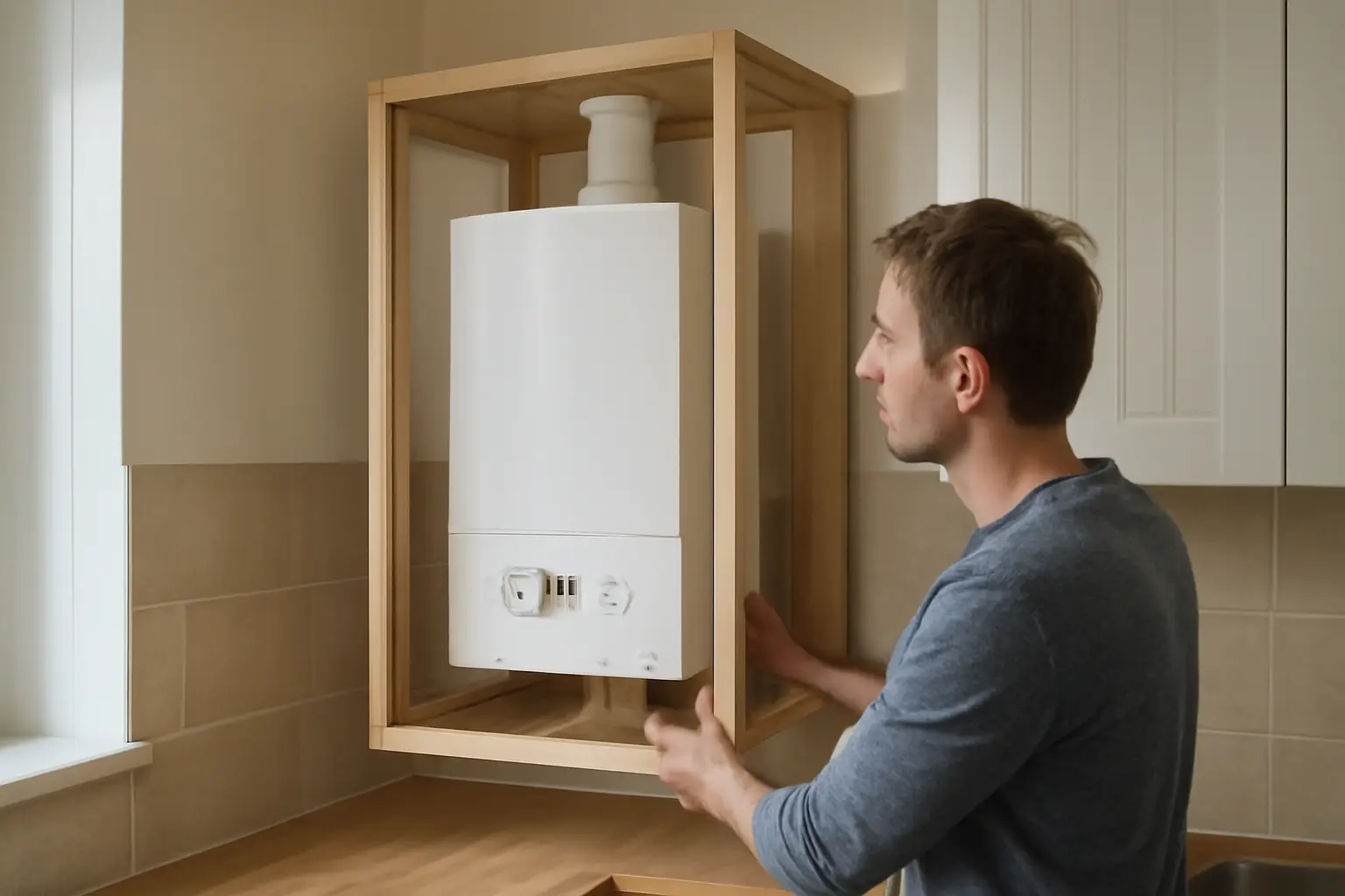 Как закрыть газовый котел на кухне в углу шкафом или коробом